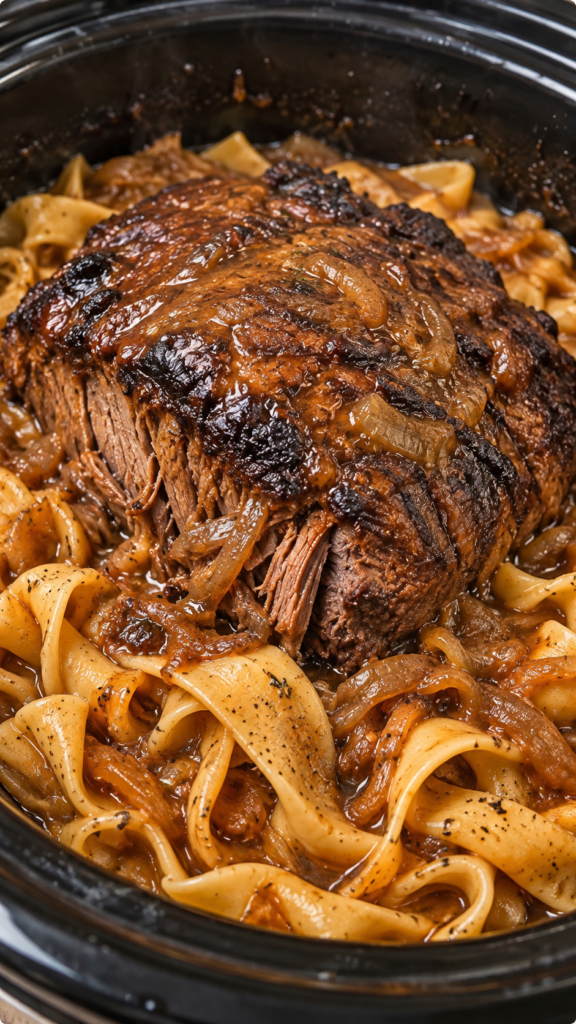 Slow Cooker French Onion Pot Roast with Egg Noodles