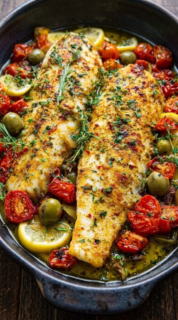 Mediterranean Garlic Lemon Baked Fish with Tomatoes & Olives