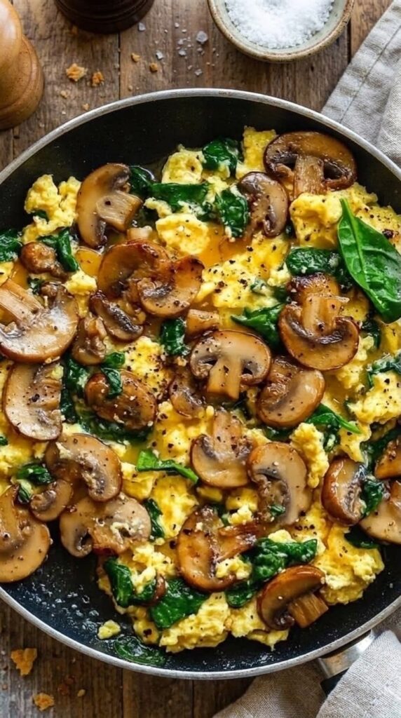 Garlic Mushroom and Spinach Scrambled Eggs