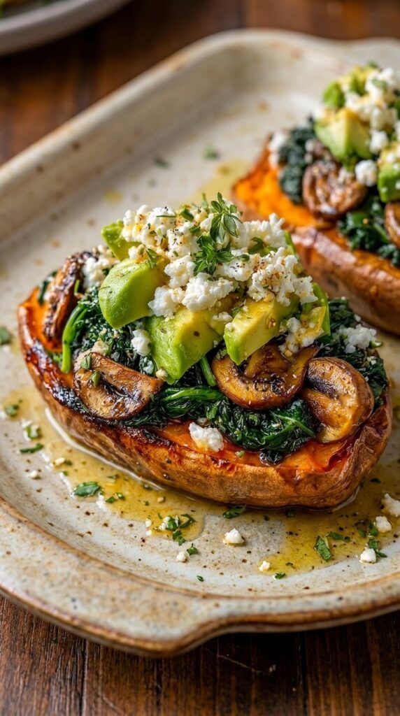 Loaded Stuffed Sweet Potatoes with Spinach, Mushrooms & Goat Cheese