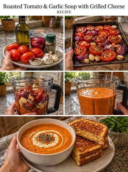 Roasted Tomato Garlic Soup with Grilled Cheese