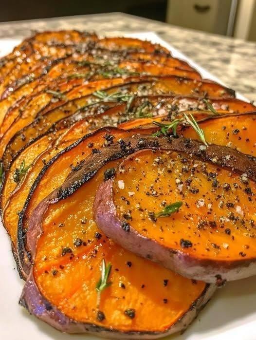 Roasted Sweet Potato Slices with Garlic & Herbs