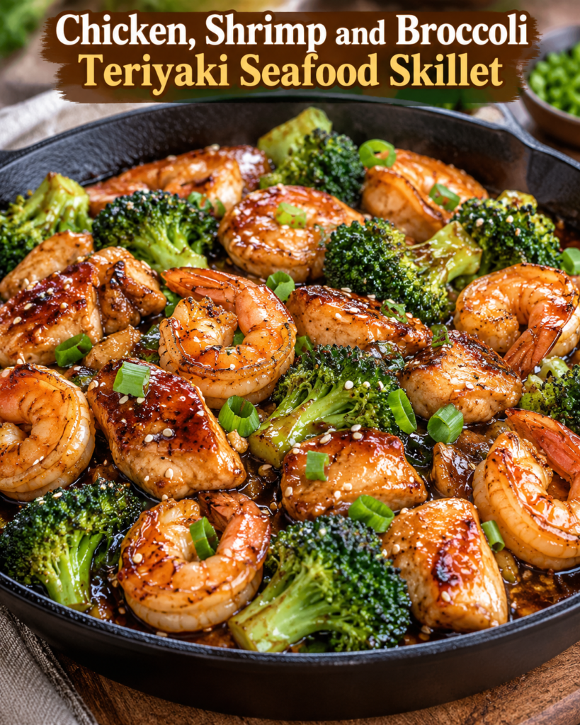 Chicken, Shrimp and Broccoli Teriyaki Seafood Skillet