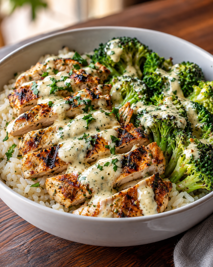 Grilled Chicken & Broccoli Bowl with Creamy Garlic Sauce