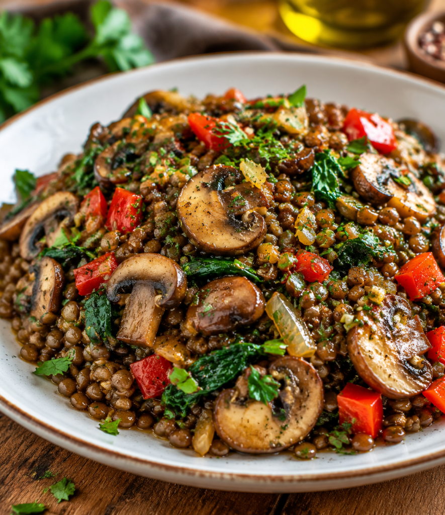 Mediterranean Mushroom Stir Fry with Lentils