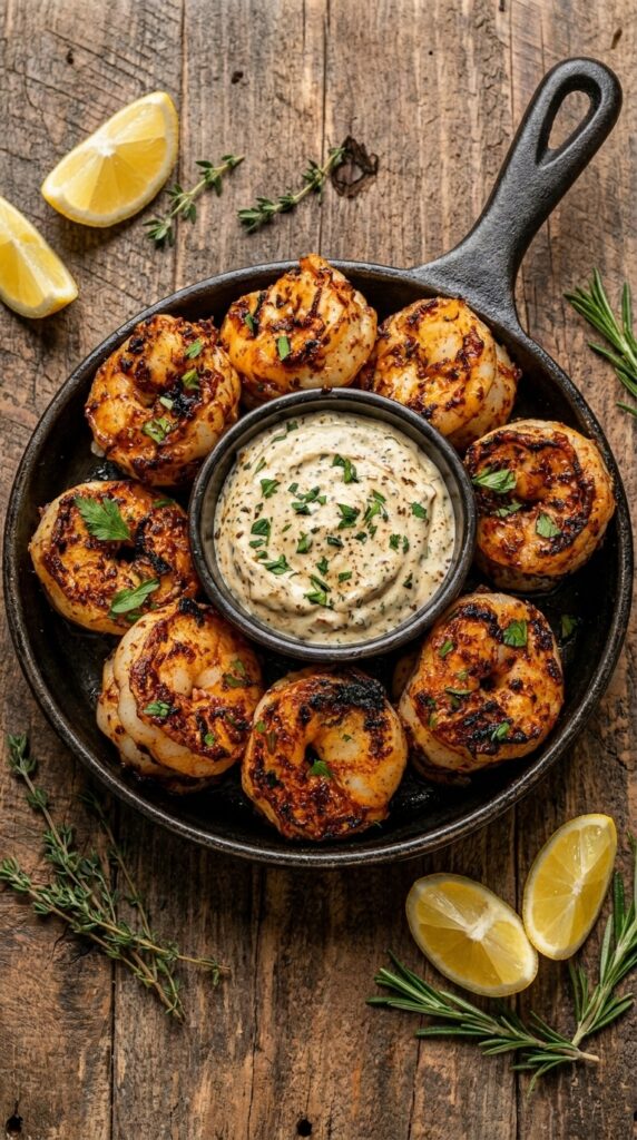 Garlic Herb Grilled Scallops with Creamy Herb Dipping Sauce