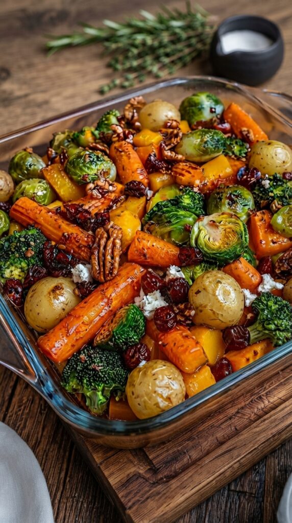 Maple Balsamic Roasted Vegetable Medley with Cranberries, Pecans & Feta