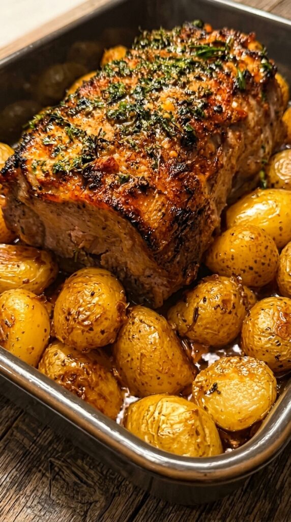 🍖 Herb-Crusted Pork Loin Roast with Roasted Baby Potatoes