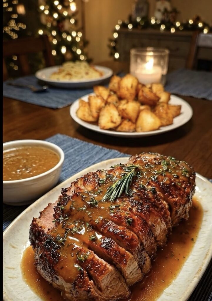 Garlic Herb Roasted Beef Loin with Pan Gravy and Crispy Potatoes