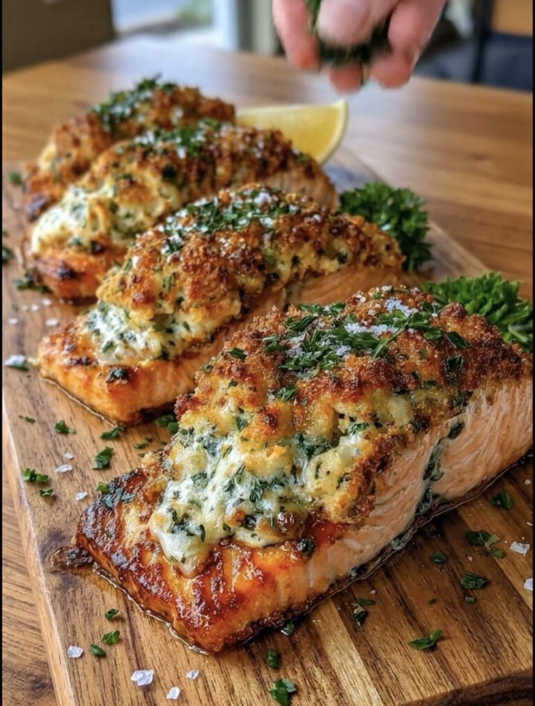 Garlic Herb Stuffed Salmon with Crispy Parmesan Topping