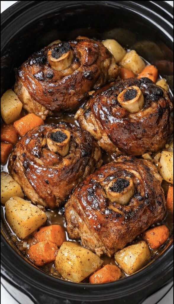 Slow Cooker Balsamic Glazed Pork Shanks with Potatoes and Carrots