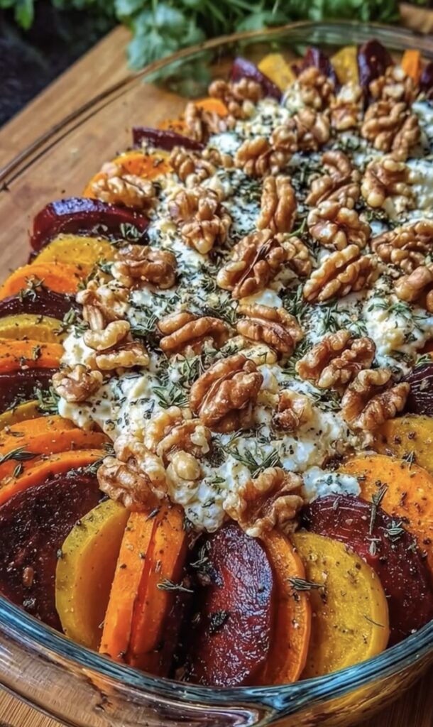 Roasted Beet & Carrot Salad with Goat Cheese and Walnuts