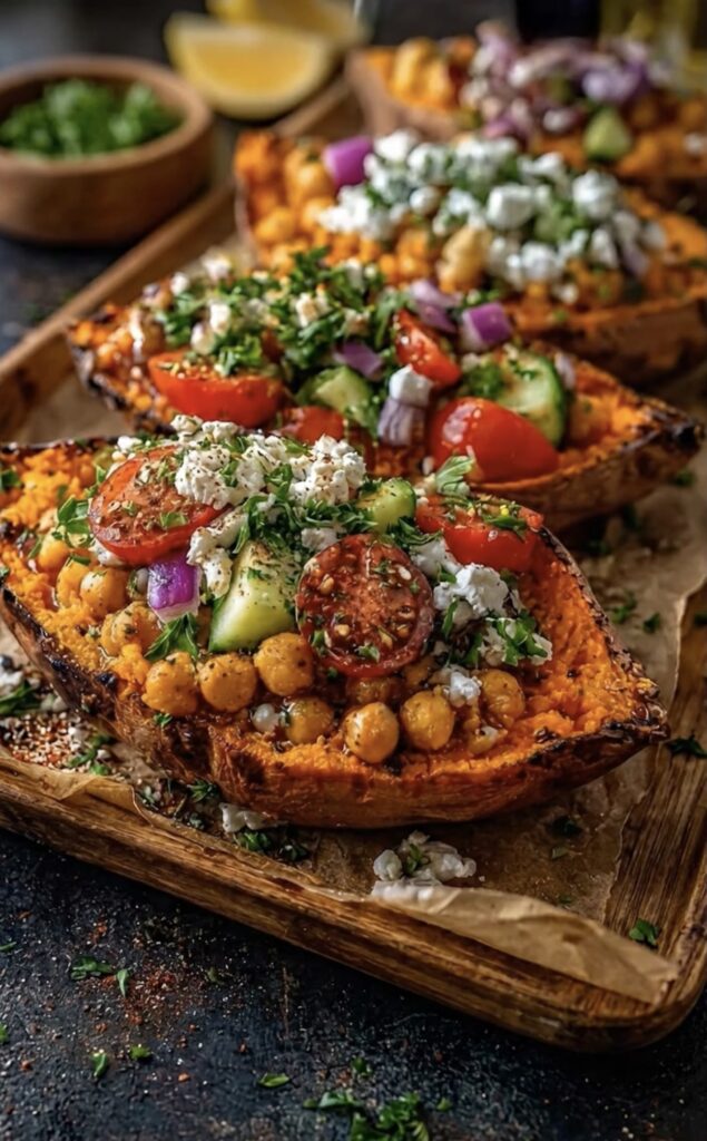 Mediterranean Chickpea-Stuffed Sweet Potatoes