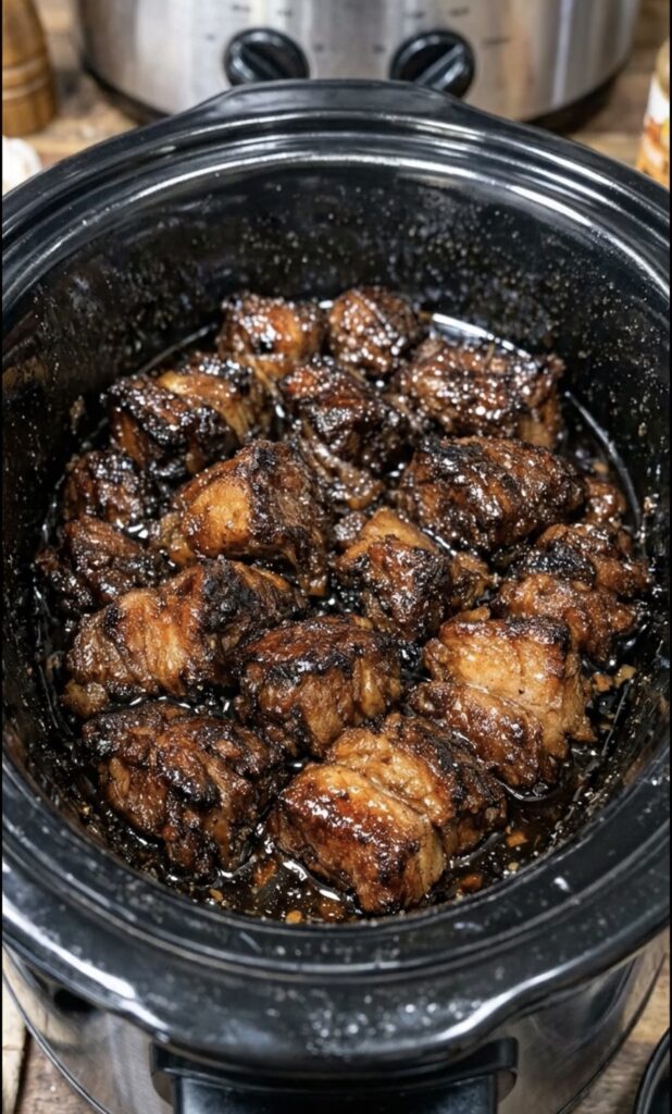 Slow Cooker Sticky Garlic Brown Sugar Beef Bites