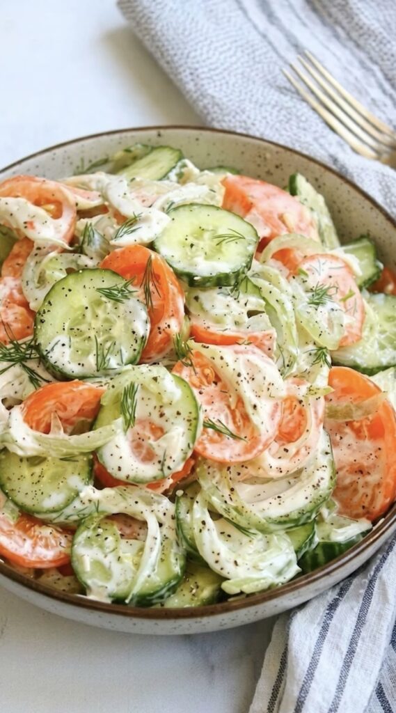 Creamy Cucumber Tomato Onion Salad with Dill