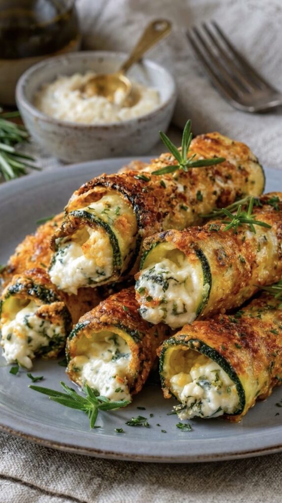 Crispy Garlic Herb Cheese-Stuffed Zucchini Roll-Ups