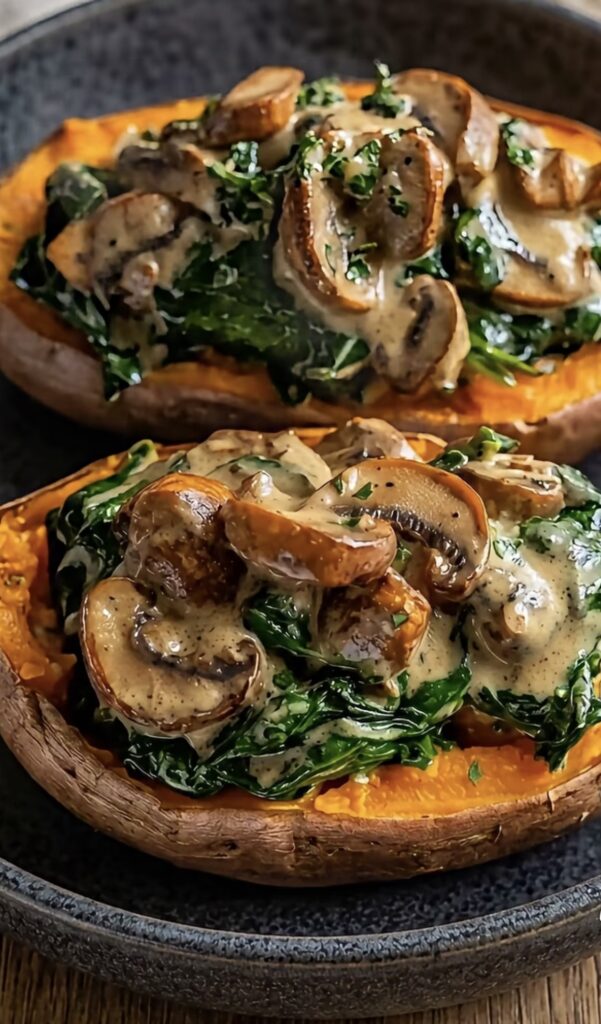 Creamy Garlic Mushroom & Spinach Stuffed Sweet Potatoes