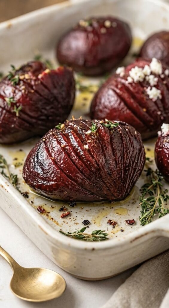 Honey Balsamic Hasselback Roasted Beets with Feta & Thyme