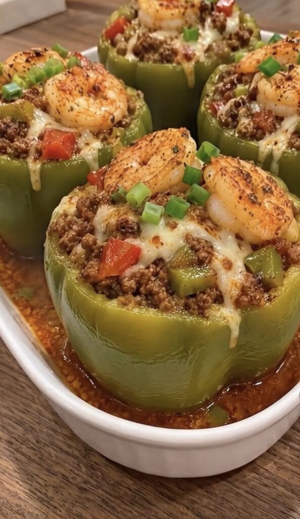 Cheesy Beef & Shrimp Stuffed Peppers