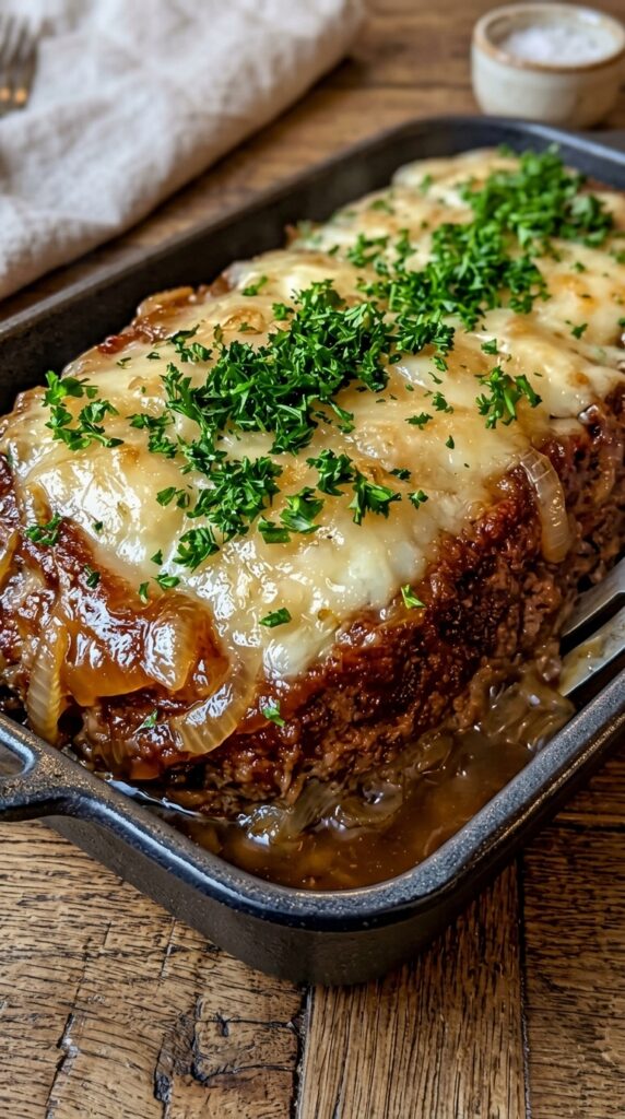 French Onion Meatloaf with Melted Cheese and Onion Gravy