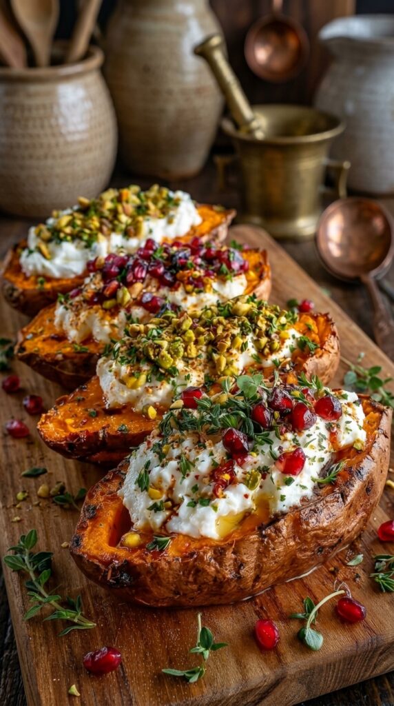 Roasted Sweet Potatoes with Whipped Feta, Pistachios and Pomegranate
