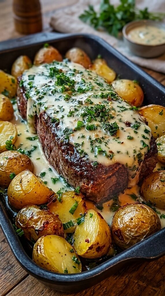 🥩 Creamy Herb Steak & Roasted Baby Potatoes
