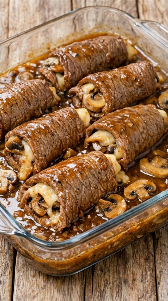 Cheesy Mushroom Stuffed Beef Rolls in Rich Brown Gravy