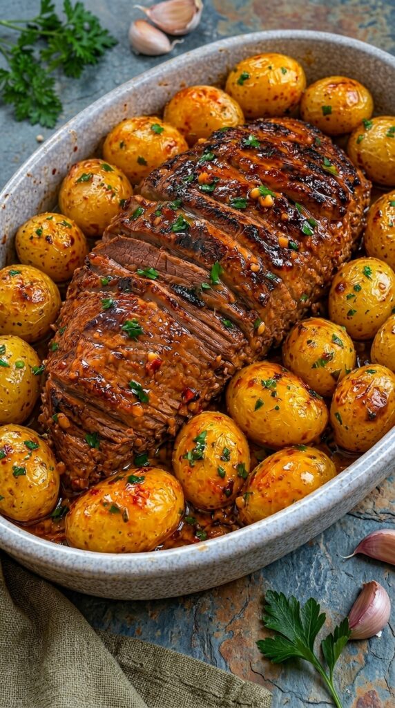 Garlic Butter Glazed Roast Beef with Baby Potatoes
