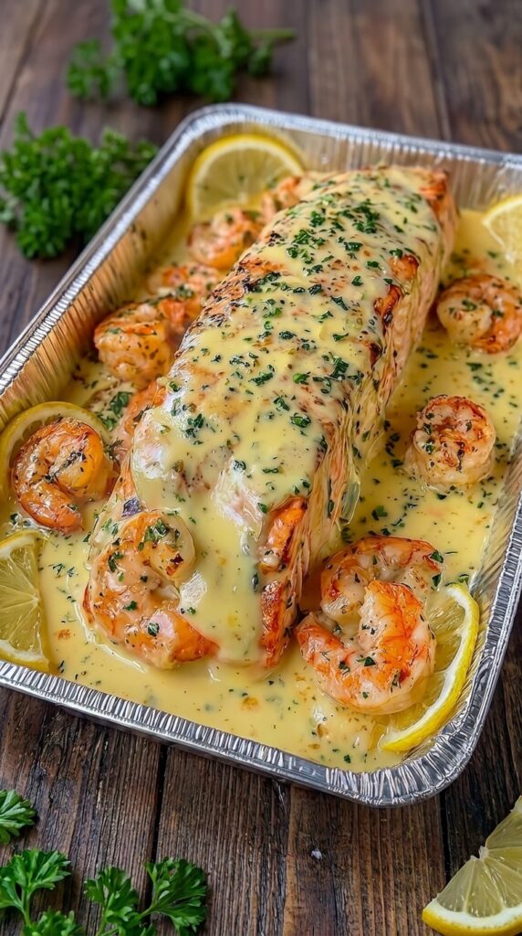 Garlic Butter Baked Salmon and Shrimp in Lemon Cream Sauce