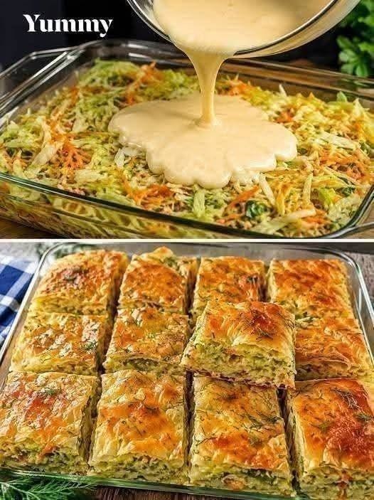Crispy Layered Cabbage, Carrot and Cheese Phyllo Bake