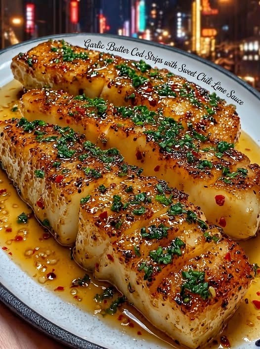 Garlic Butter Cod Strips with Sweet Chilli Lime Sauce