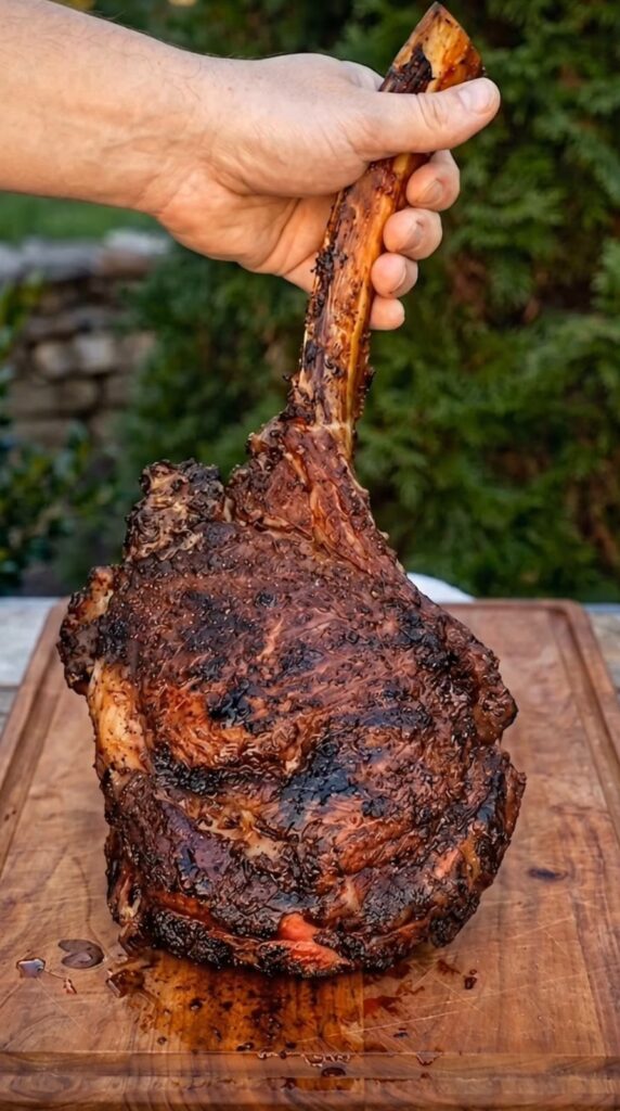 Grilled Tomahawk Ribeye Steak with Garlic Herb Butter