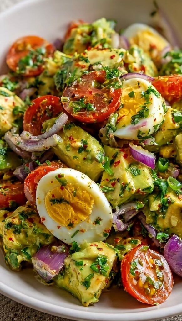 Loaded Avocado, Egg & Tomato Salad with Wholegrain Mustard Dressing