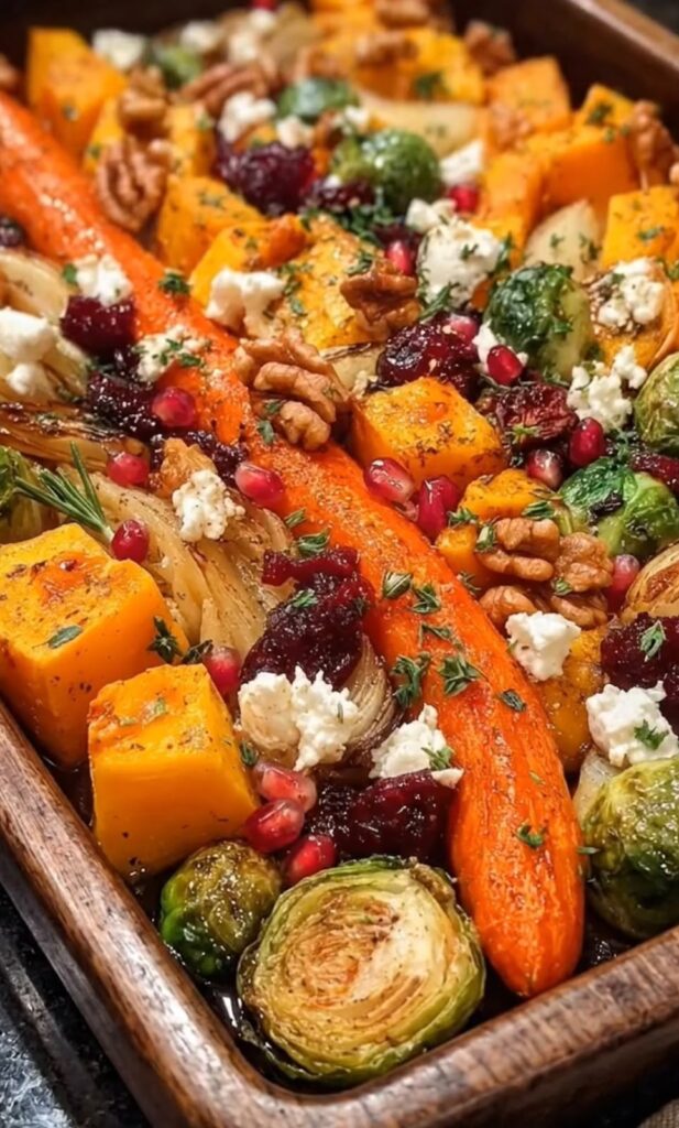 Roasted Autumn Veggie Bake with Feta, Cranberries & Walnuts
