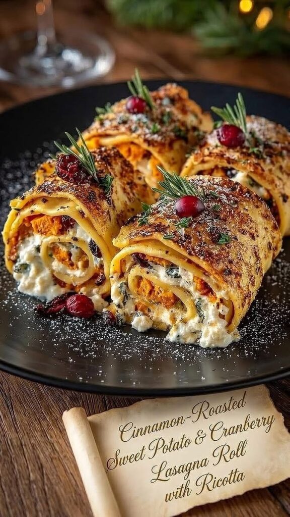 Cinnamon-Roasted Sweet Potato & Cranberry Lasagna Rolls with Ricotta