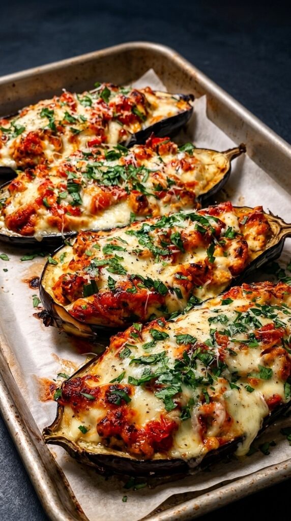 Cheesy Chicken-Stuffed Eggplant Boats