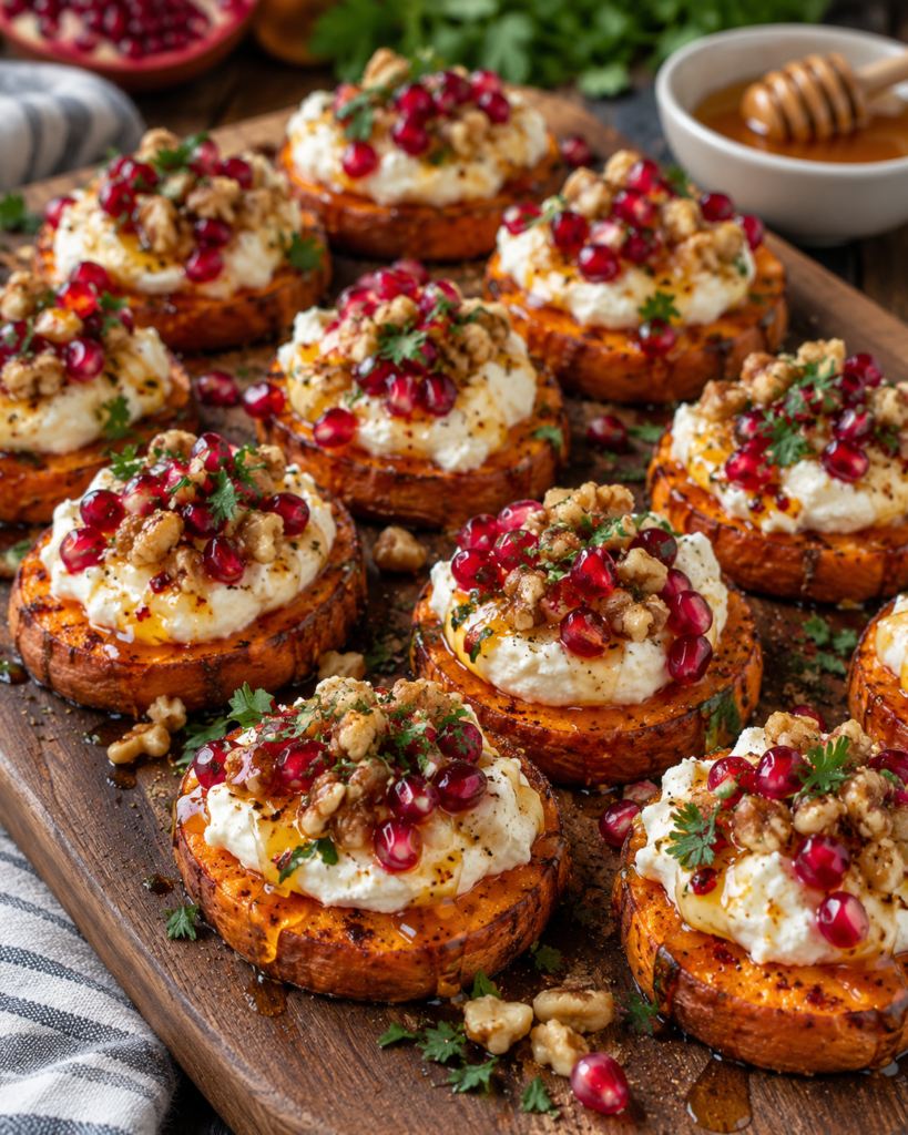 Crispy Sweet Potato Rounds with Whipped Feta, Hot Honey, Walnuts & Pomegranate