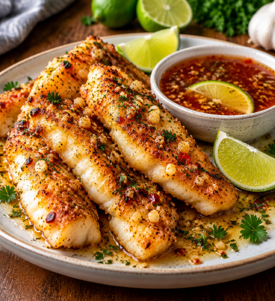 Garlic Butter Cod Strips with Sweet Chili Lime Sauce