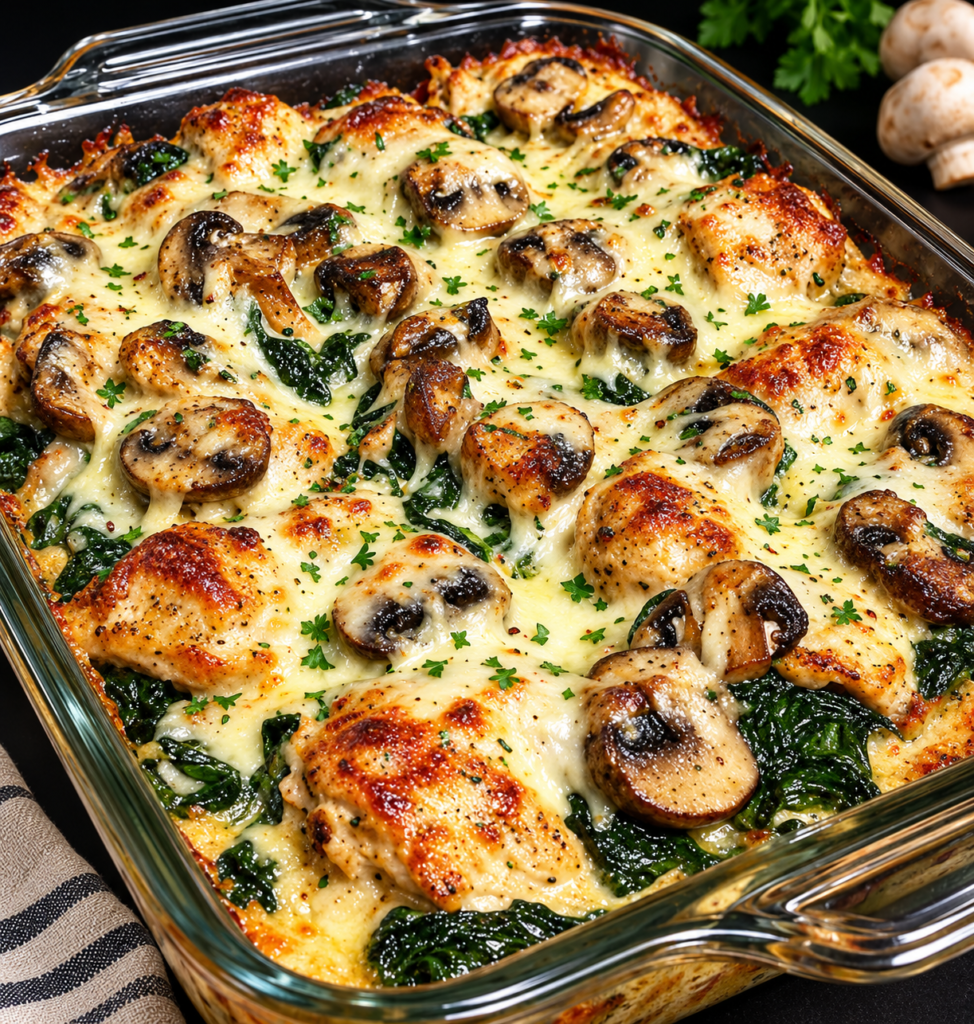Low-Carb Chicken, Spinach & Mushroom Oven Bake