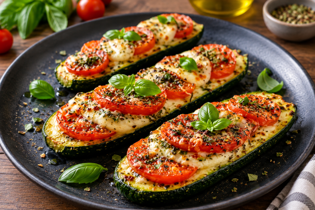 Cheesy Caprese Baked Zucchini