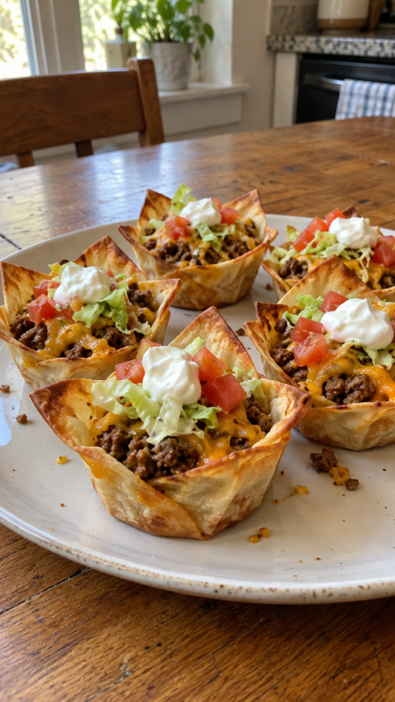 Crispy taco cupcakes filled with ground beef, melted cheddar, lettuce, tomatoes, and sour cream on a white plate.