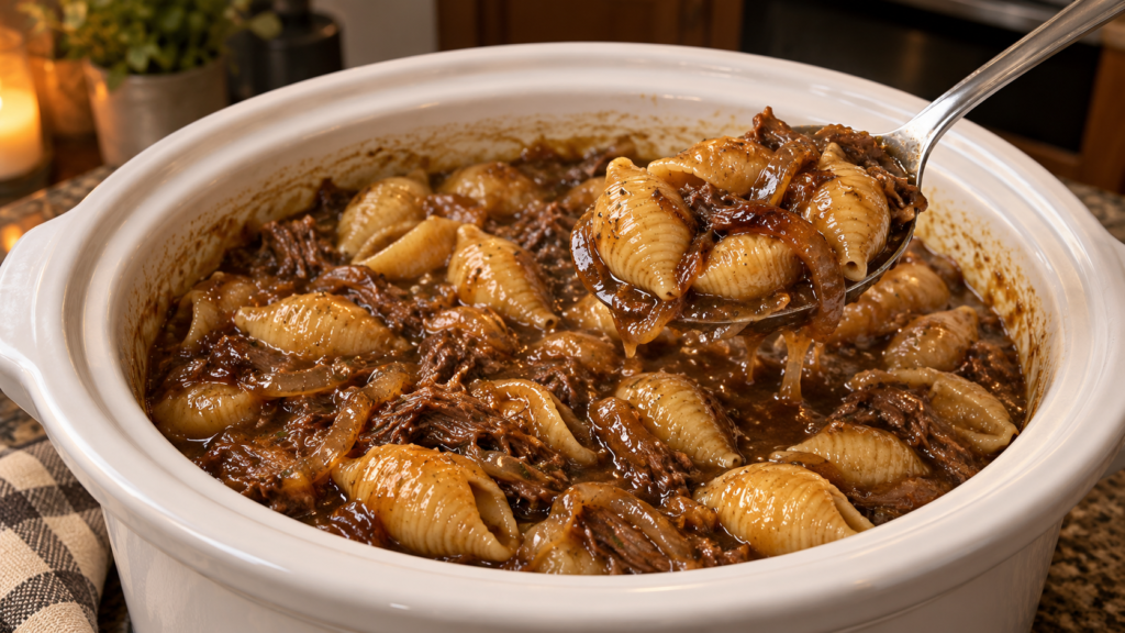 Slow Cooker French Onion Beef and Shell Pasta