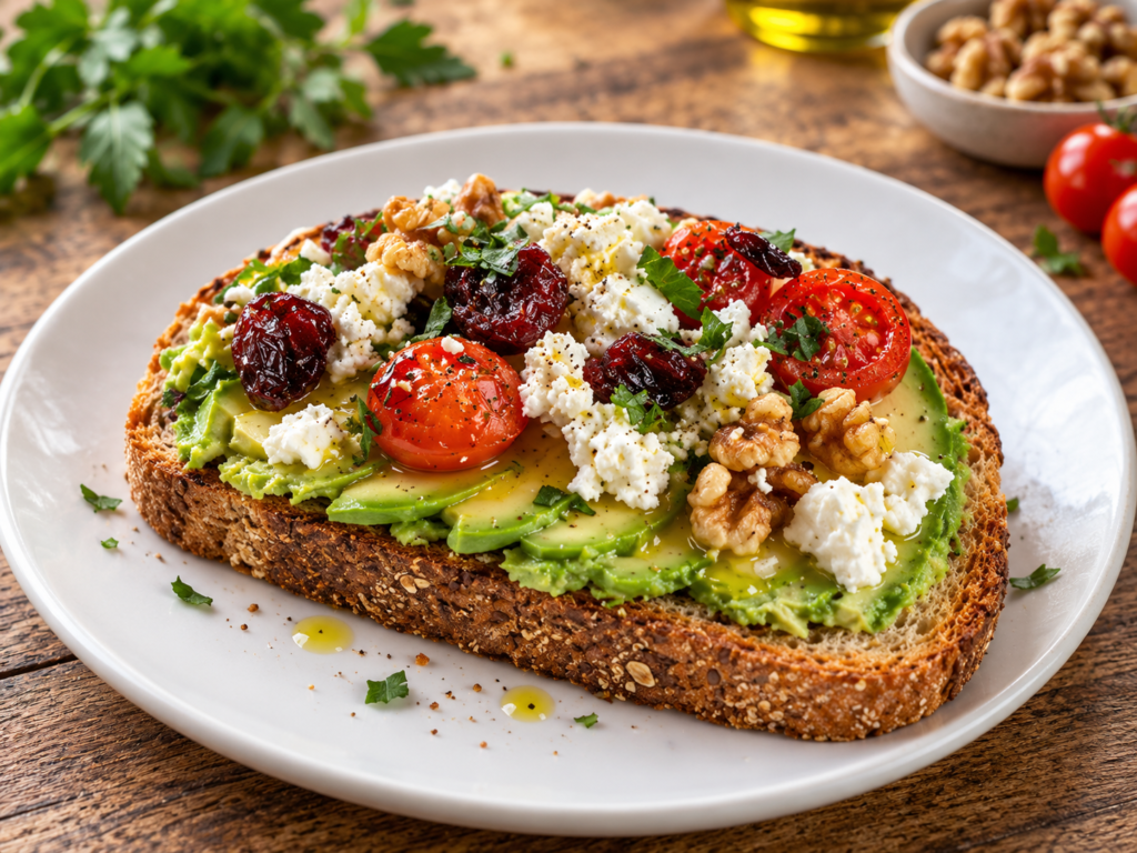 Avocado, Feta and Walnut Toast with Tomatoes