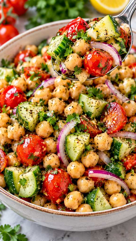 Simple Chickpea Salad Recipe with Cucumber and Tomato