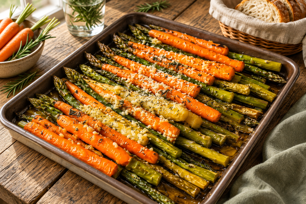 Garlic Parmesan Roasted Carrots and Asparagus