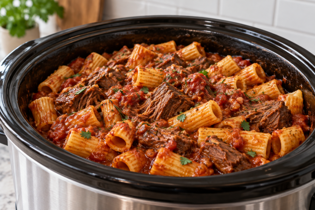 slow Cooker Beef Rigatoni with Tomato Garlic Sauce