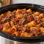 slow Cooker Beef Rigatoni with Tomato Garlic Sauce