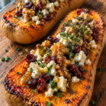 Golden roasted butternut squash topped with feta, dried cranberries, toasted walnuts, and fresh parsley.