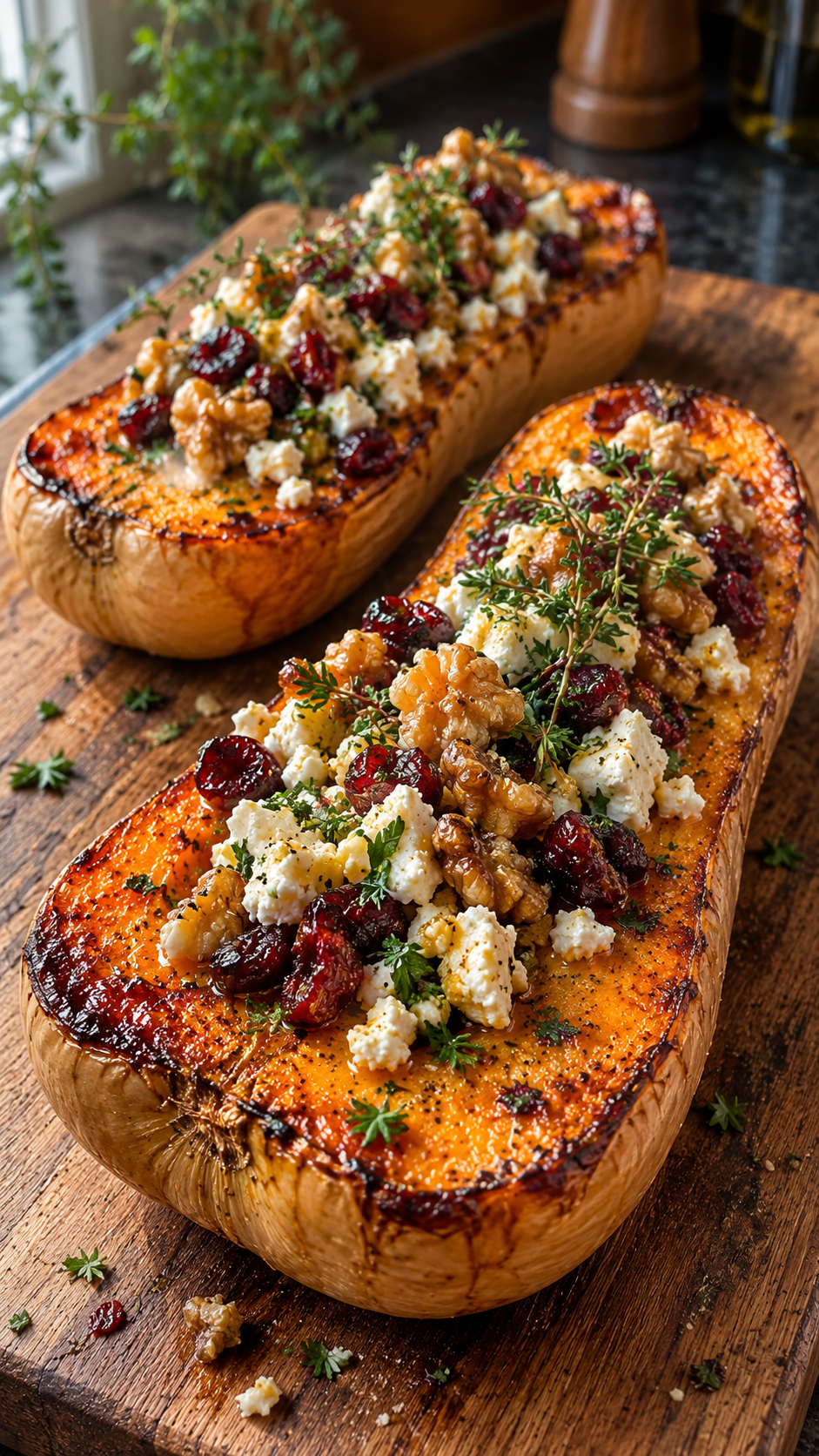 Golden roasted butternut squash topped with feta, dried cranberries, toasted walnuts, and fresh parsley.