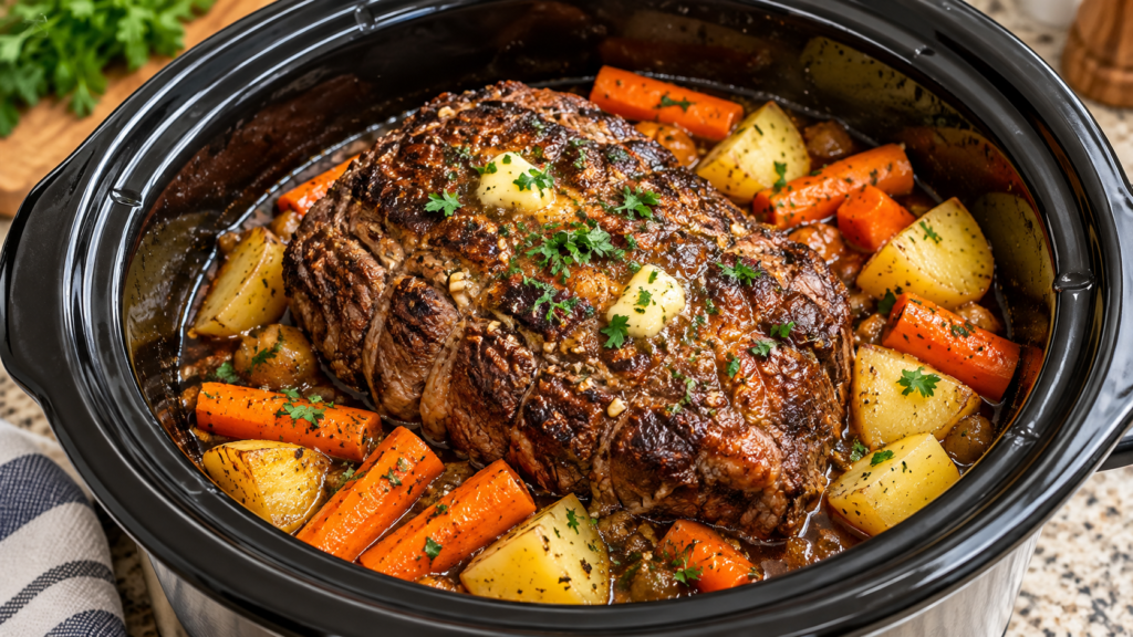 Garlic Butter Slow Cooker Pot Roast with Potatoes & Carrots